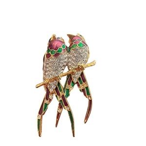 Two Vintage Parrots on a Perch Sparkly Brooch